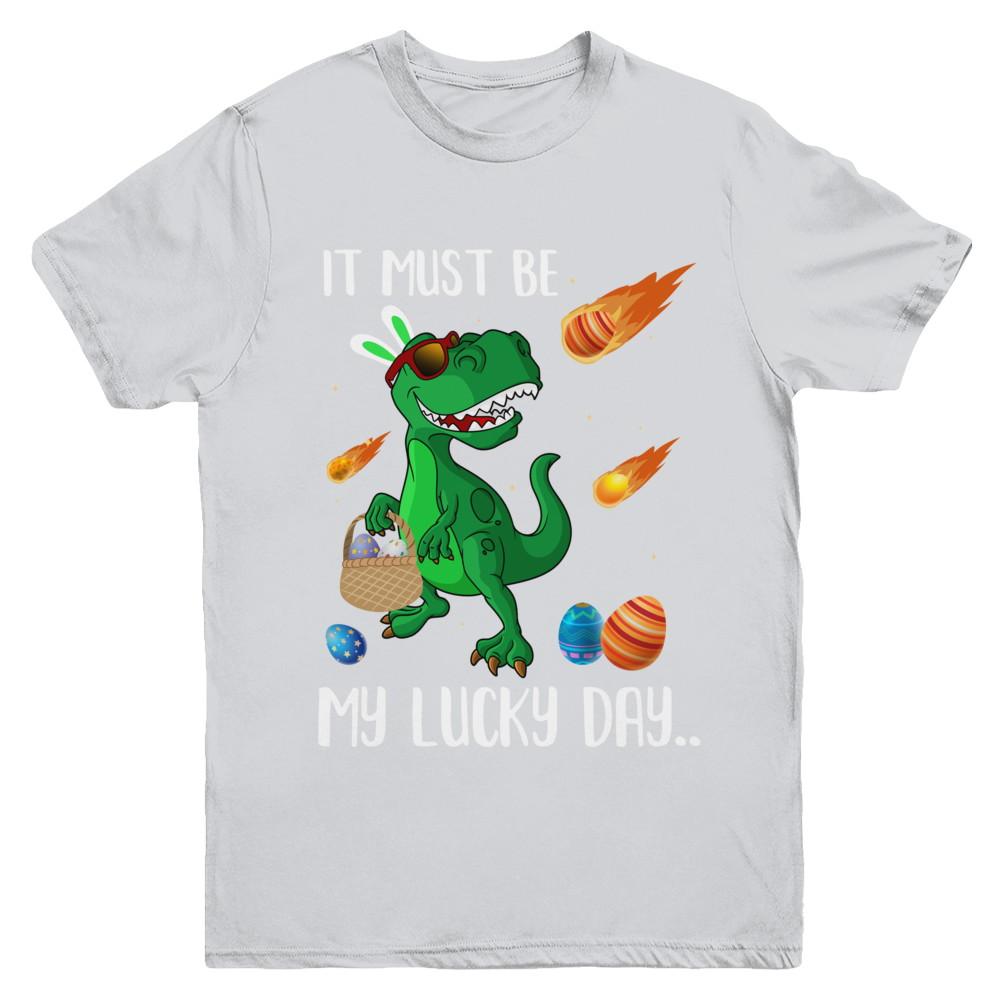 Funny Easter Bunny Dinosaur It Must Be My Lucky Day Youth-Youth Shirt-Youth T-Shirt-Sport Grey