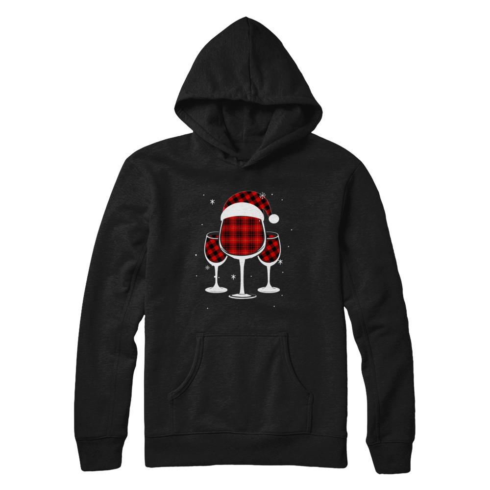 Red Plaid Buffalo Wine Santa Hat Christmas-T-Shirt & Sweatshirt-Pullover Hoodie-Black