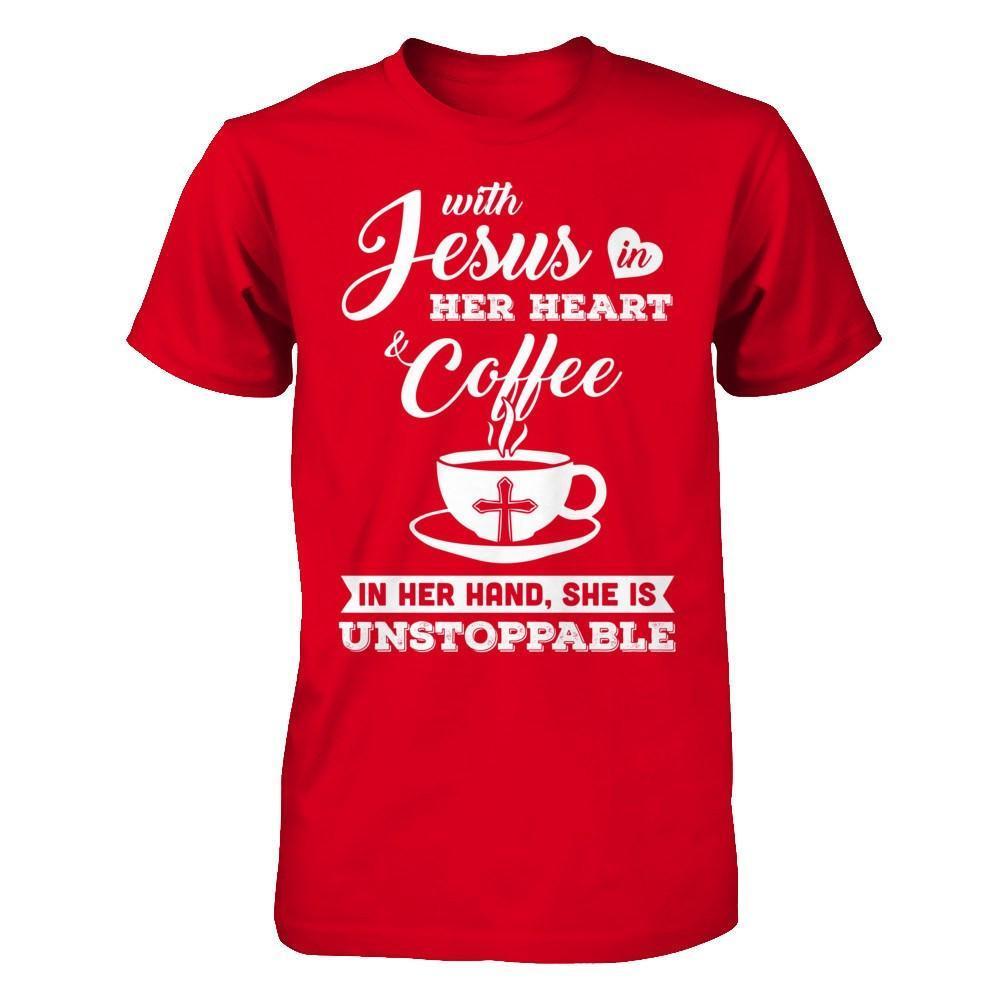 With Jesus In Her Heart And Coffee In Her Hand-T-Shirt & Hoodie-Premium T-Shirt-Red
