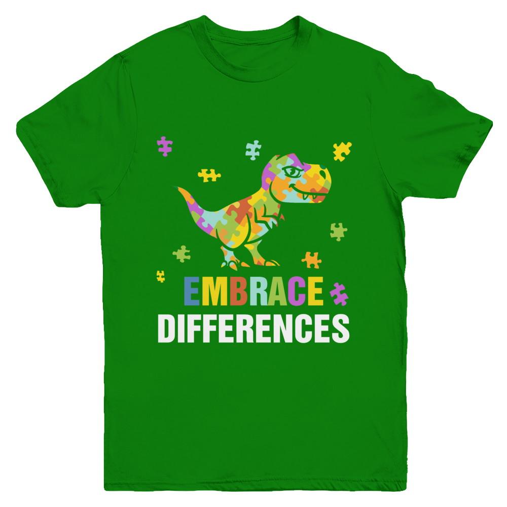 Autism Awareness Puzzle Piece Dinosaur Embrace Differences Youth-Youth Shirt-