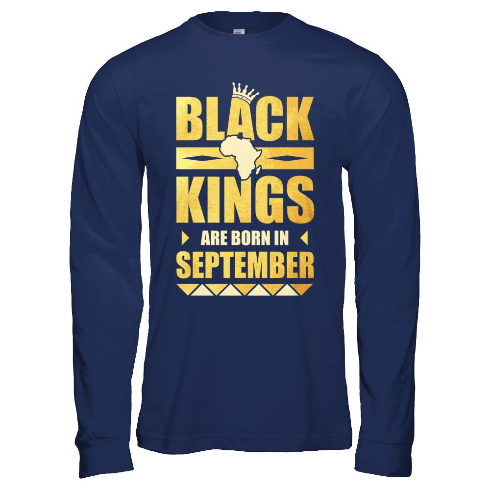 Black Kings Are Born In September Birthday-T-Shirt & Hoodie-Long Sleeve T-Shirt-Navy