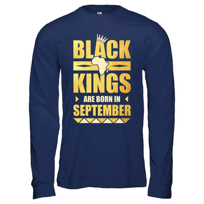 Black Kings Are Born In September Birthday-T-Shirt & Hoodie-Long Sleeve T-Shirt-Navy