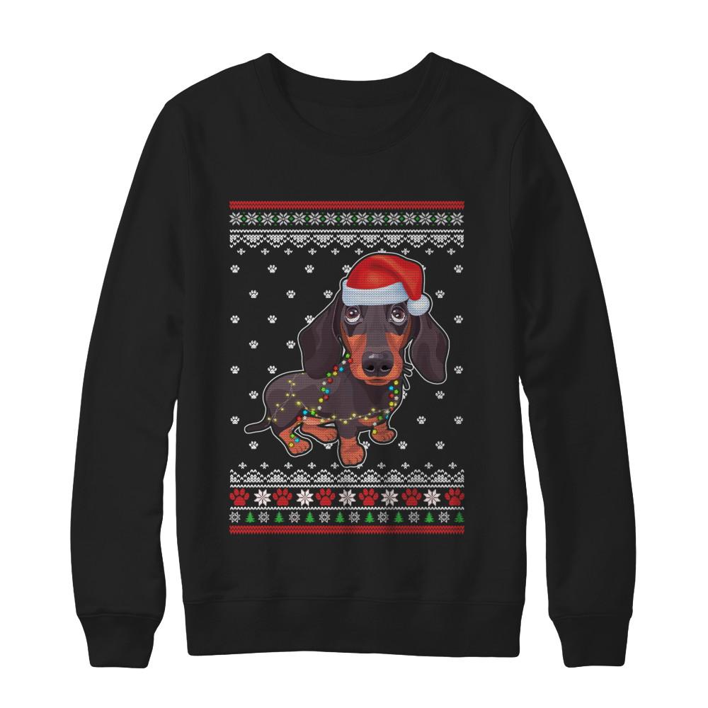 Dachshund Christmas Ugly Sweater Lights Dog Xmas Gift-T-Shirt & Sweatshirt-Crewneck Sweatshirt-Black
