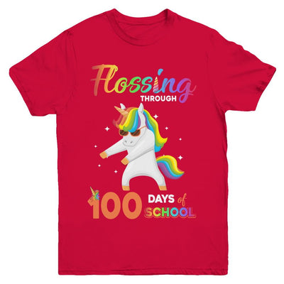 Flossing through 100 Days of School Unicorn Girl Youth-Youth Shirt-Youth T-Shirt-Red
