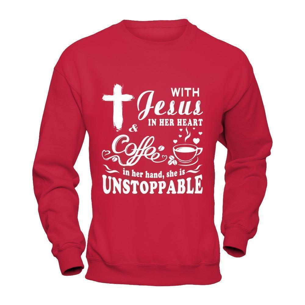 With Jesus In Her Heart And Coffee In Her Hand-T-Shirt & Hoodie-Crewneck Sweatshirt-Red