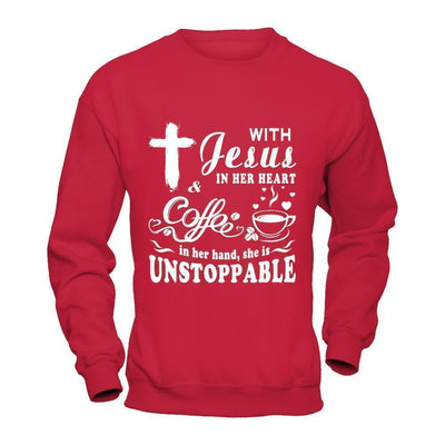 With Jesus In Her Heart And Coffee In Her Hand-T-Shirt & Hoodie-Crewneck Sweatshirt-Red