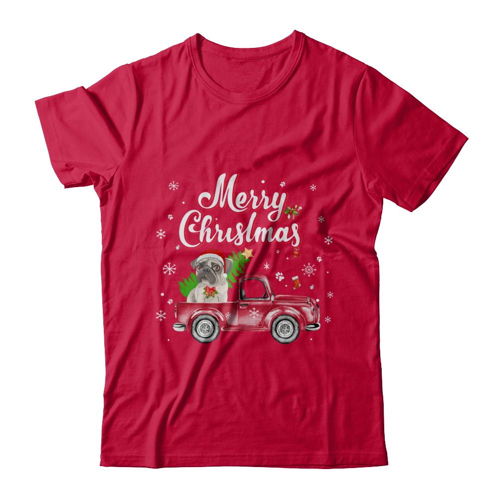 Pug Retriever Rides Red Truck Christmas Pajama-T-Shirt & Sweatshirt-Classic T-Shirt-Red