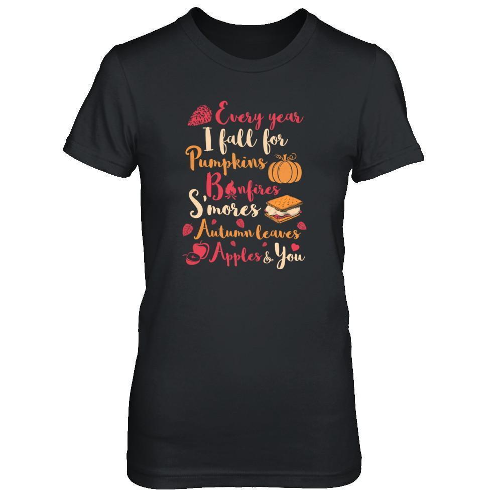Every Year I Fall For Pumpkins Bonfires S'mores Autumn-T-Shirt & Tank Top-Women's T-Shirt-Black