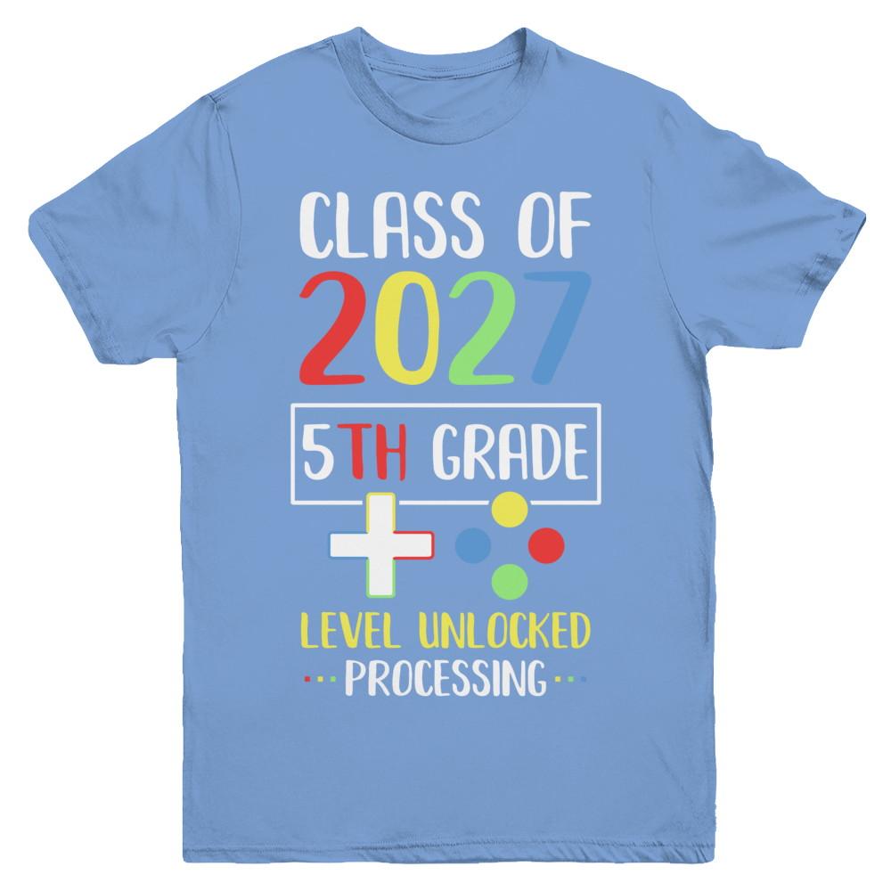 Class Of 2027 5th Grade Level Unlock Gaming Back Go School Youth-Youth Shirt-Youth T-Shirt-Carolina Blue