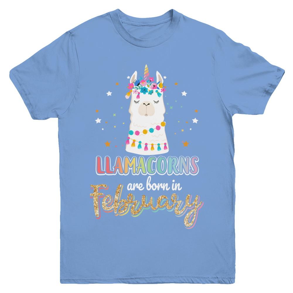 Llama Unicorn Llamacorns Born In February Birthday Gift Youth-Youth Shirt-Youth T-Shirt-Carolina Blue