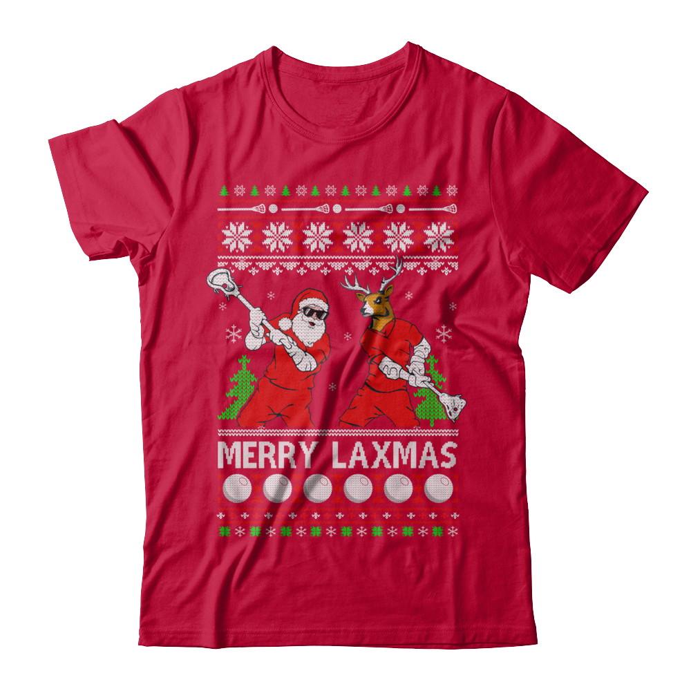 Lacrosse Santa Reindeer Merry Laxmas Ugly Christmas Sweater-T-Shirt & Sweatshirt-Classic T-Shirt-Red