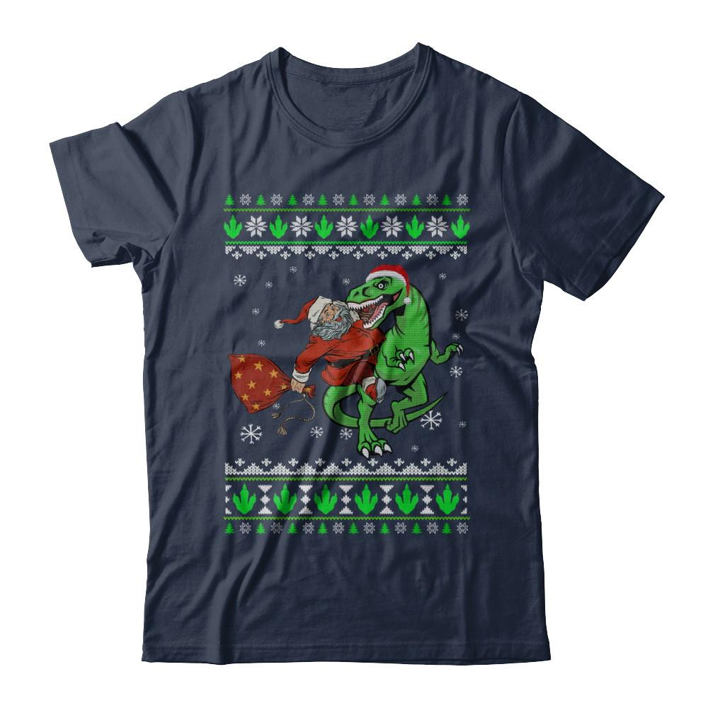 Santa Riding Dinosaur T-Rex Ugly Christmas Sweater-T-Shirt & Sweatshirt-Classic T-Shirt-Navy