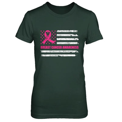 Pink Ribbon Breast Cancer Awareness US Flag-T-Shirt & Hoodie-Women's T-Shirt-Forest Green