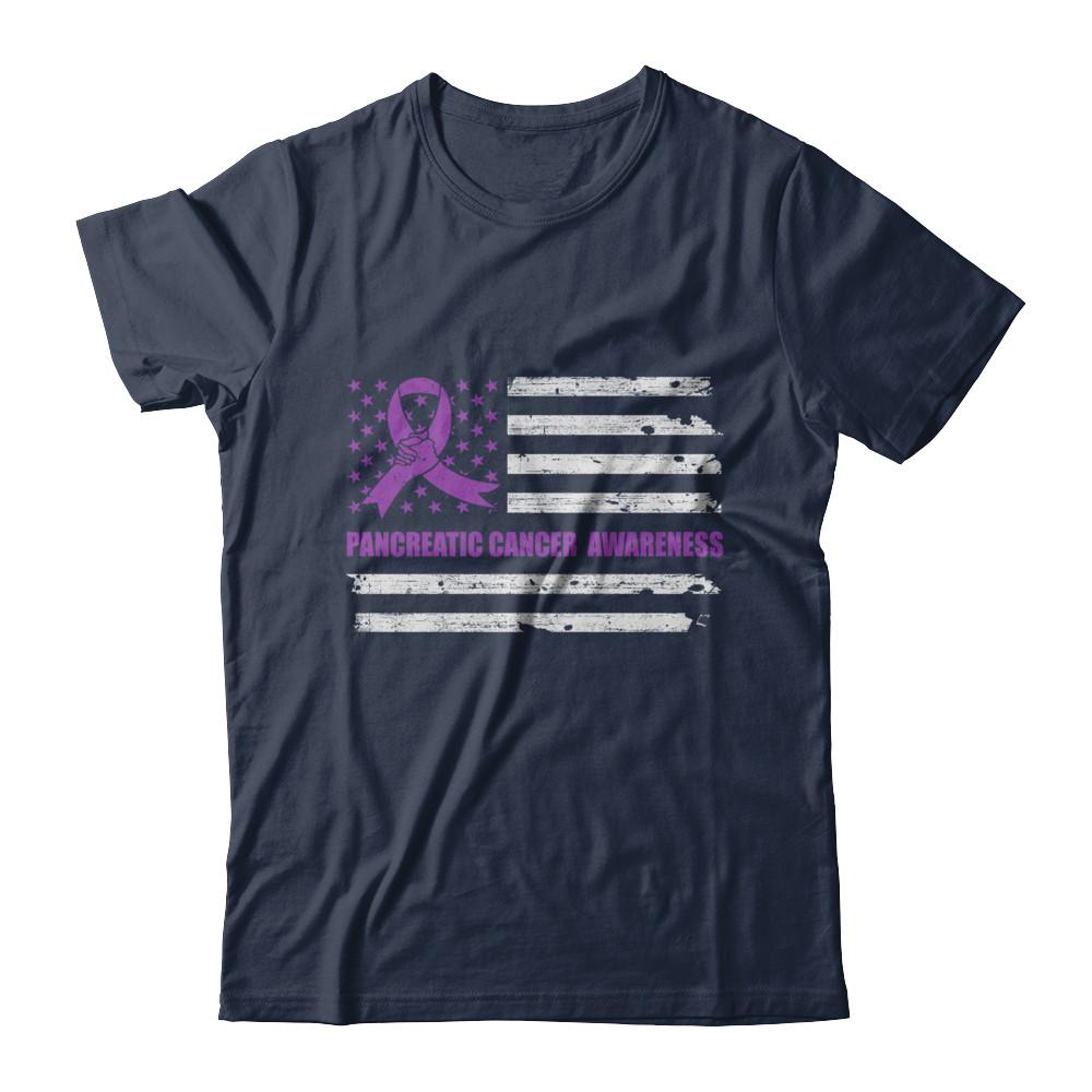 Purple Ribbon Pancreatic Cancer Awareness US Flag-T-Shirt & Hoodie-Classic T-Shirt-Navy
