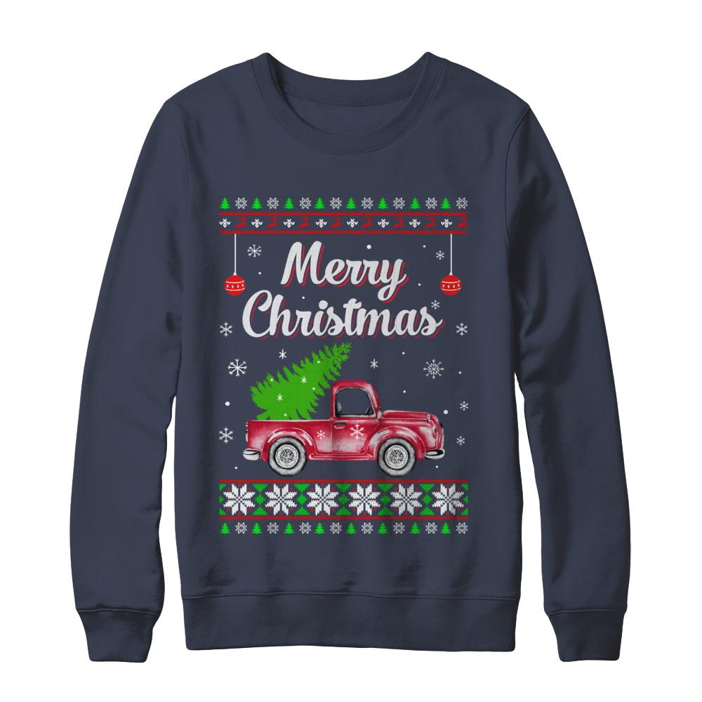 Snow Tree Truck Merry Christmas Ugly Sweater-T-Shirt & Sweatshirt-Crewneck Sweatshirt-Navy