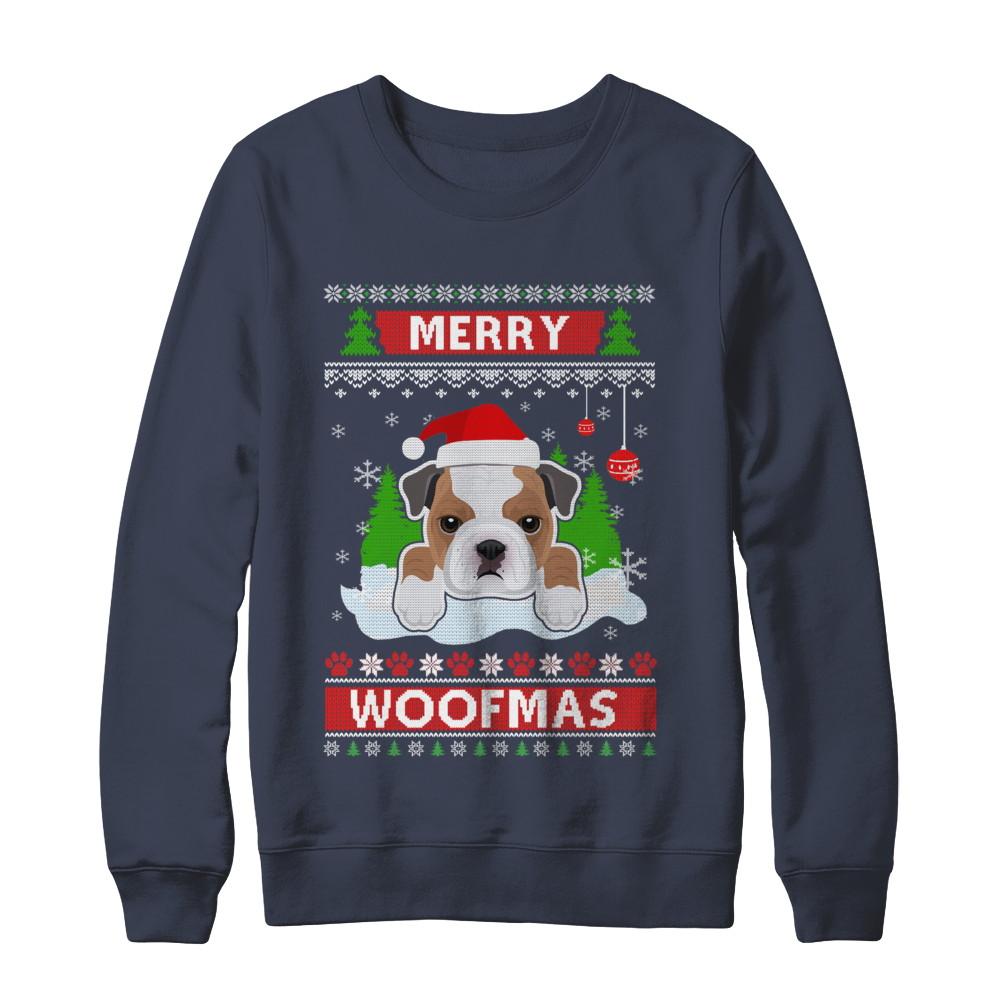 Bulldog Merry Woofmas Ugly Christmas Sweater-T-Shirt & Sweatshirt-Crewneck Sweatshirt-Navy
