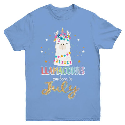 Llama Unicorn Llamacorns Born In July Birthday Gift Youth-Youth Shirt-Youth T-Shirt-Carolina Blue
