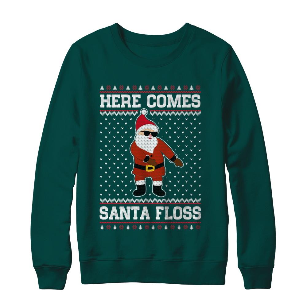 Here Comes Santa Floss Flossing Ugly Christmas Sweater-T-Shirt & Sweatshirt-Crewneck Sweatshirt-Deep Forest