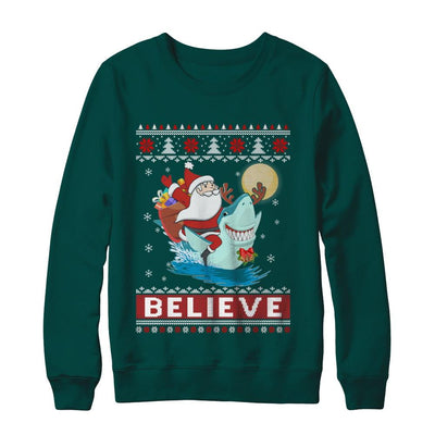Believe In Santa Riding Shark Ugly Christmas Sweater-T-Shirt & Sweatshirt-Crewneck Sweatshirt-Deep Forest