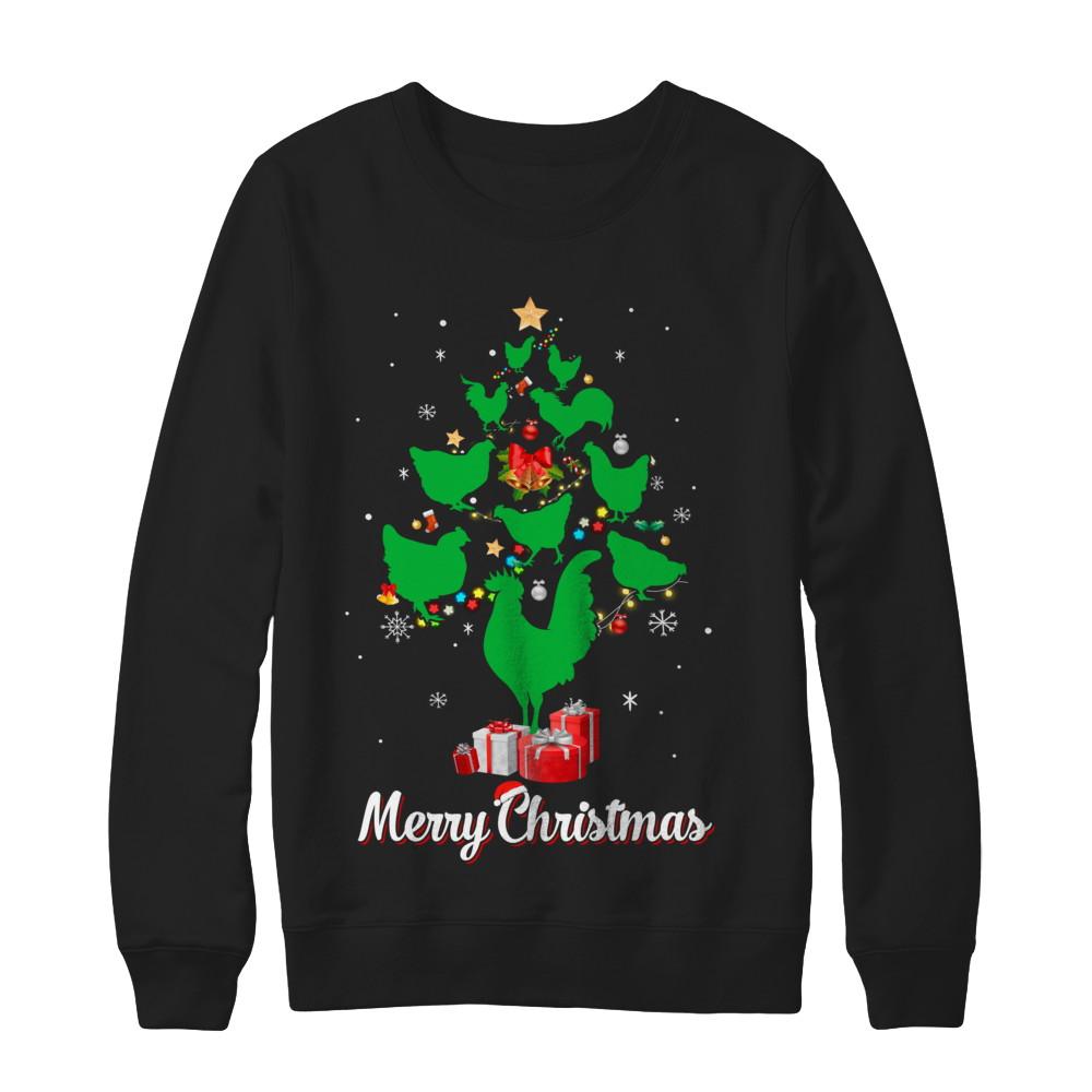 Funny Chicken Merry Christmas Tree Ugly Sweater-T-Shirt & Sweatshirt-Crewneck Sweatshirt-Black