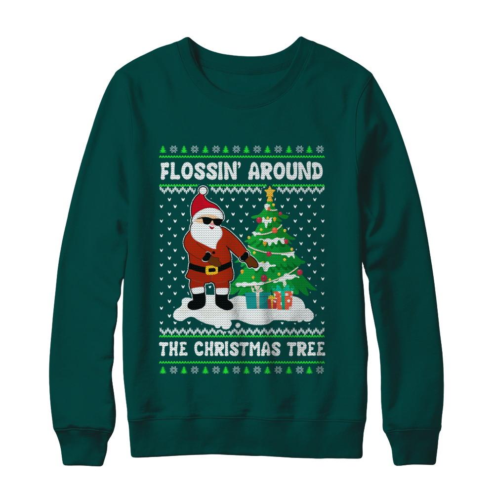 Flossin' Around The Christmas Tree Flossing Ugly Sweater-T-Shirt & Sweatshirt-Crewneck Sweatshirt-Deep Forest