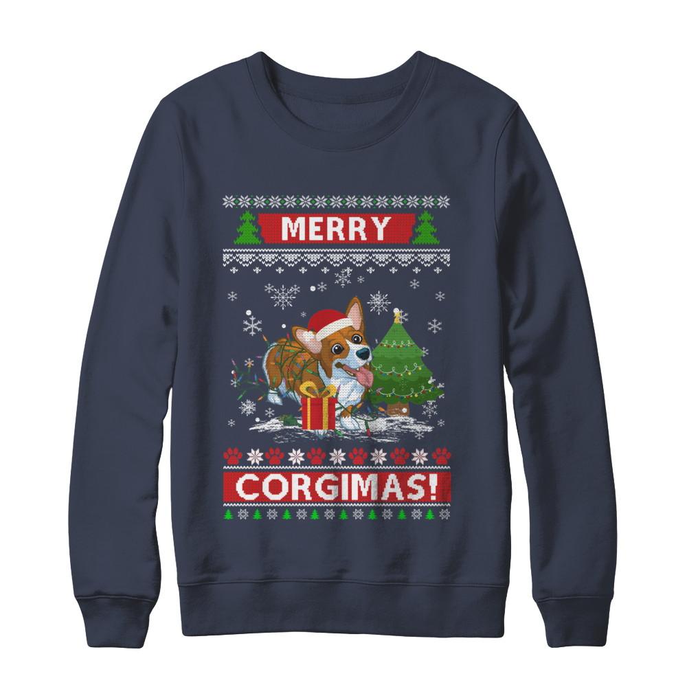 Funny Merry Corgmas Santa Corgi Ugly Christmas Sweater-T-Shirt & Sweatshirt-Crewneck Sweatshirt-Navy
