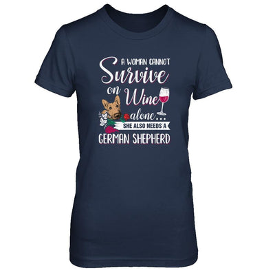 A Woman Can't Survive On Wine Alone German Shepherd Dog-T-Shirt & Tank Top-Women's T-Shirt-Navy