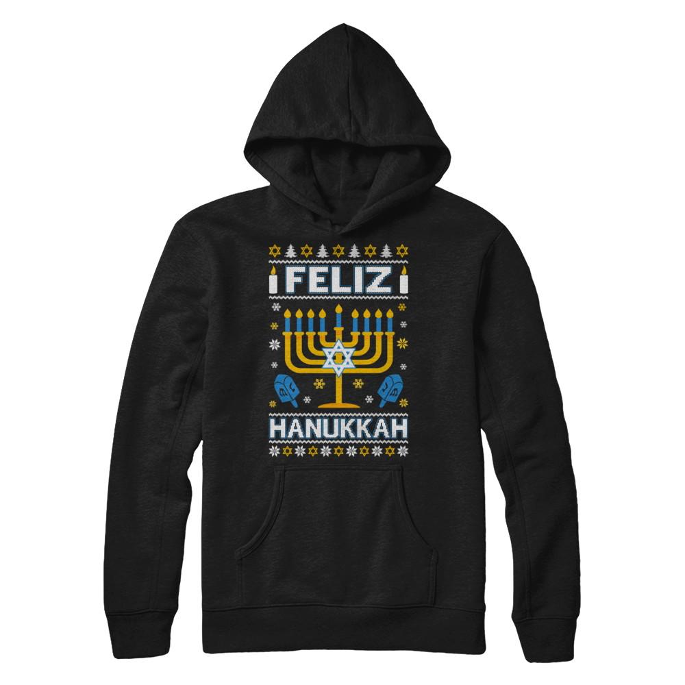 Happy Hanukkah Ugly Sweater Feliz Chanukah Menorah-T-Shirt & Sweatshirt-Pullover Hoodie-Black