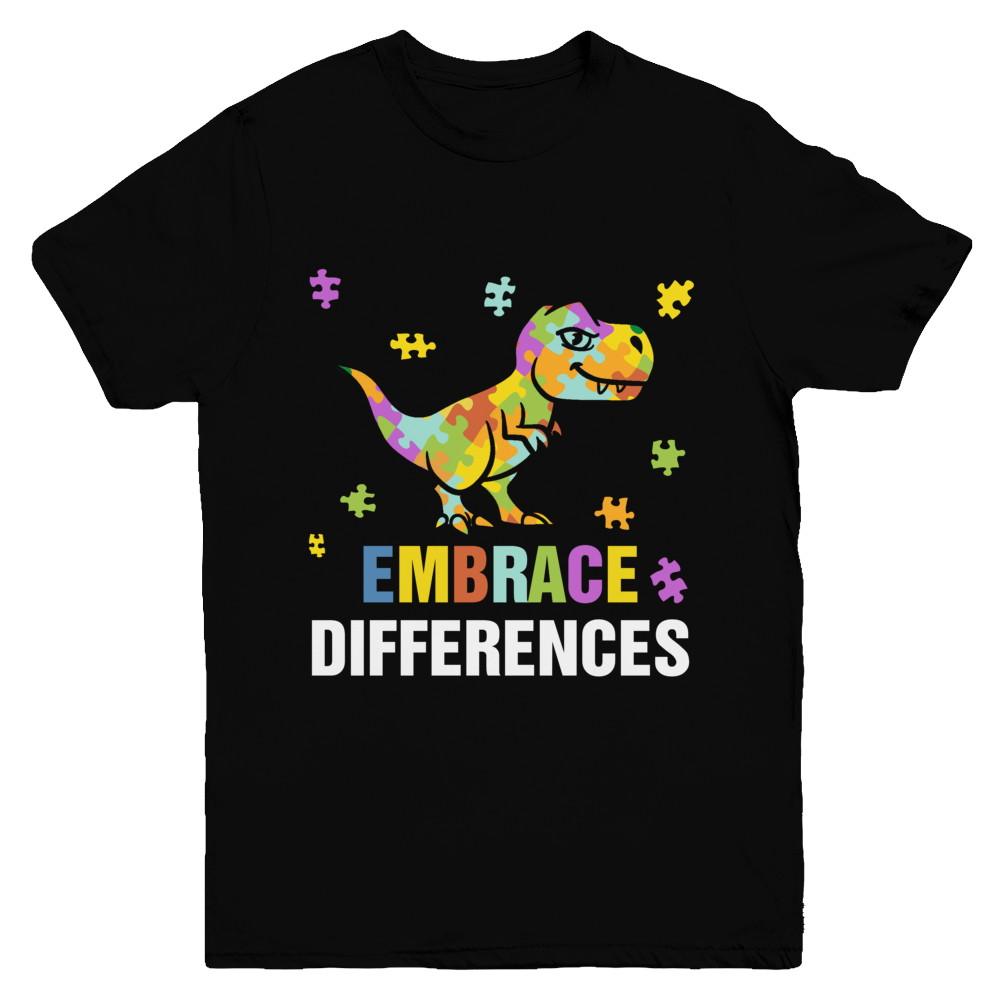 Autism Awareness Puzzle Piece Dinosaur Embrace Differences Youth-Youth Shirt-