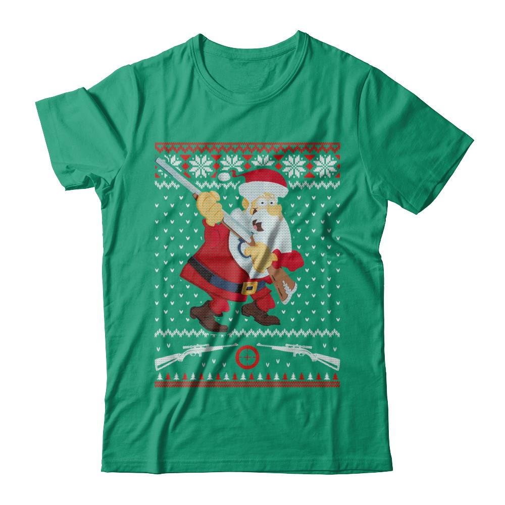 Santa Gun Hunting Ugly Christmas Sweater Funny-T-Shirt & Sweatshirt-Classic T-Shirt-Kelly Green