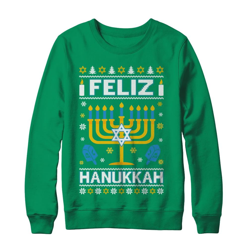 Happy Hanukkah Ugly Sweater Feliz Chanukah Menorah-T-Shirt & Sweatshirt-Crewneck Sweatshirt-Irish Green