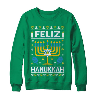 Happy Hanukkah Ugly Sweater Feliz Chanukah Menorah-T-Shirt & Sweatshirt-Crewneck Sweatshirt-Irish Green