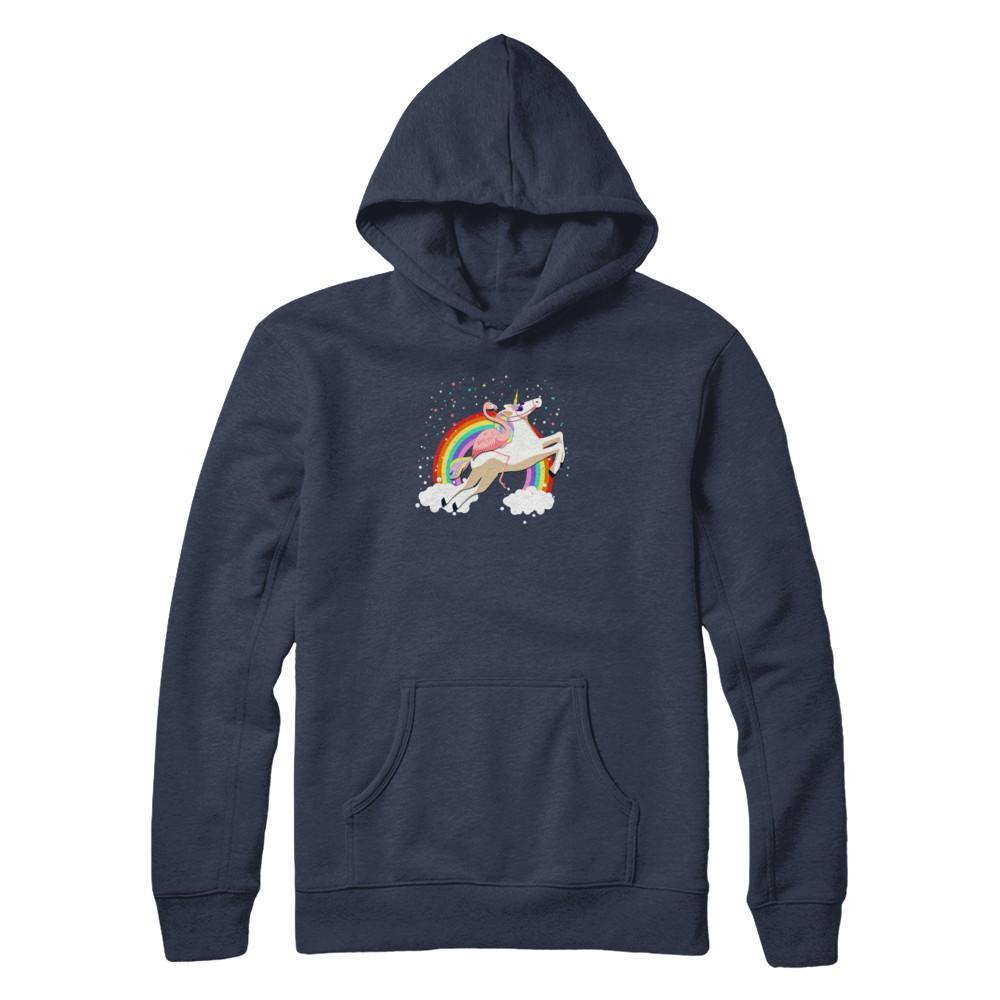 Flamingo Pink Bird Riding Unicorn-T-Shirt & Tank Top-Pullover Hoodie-Navy