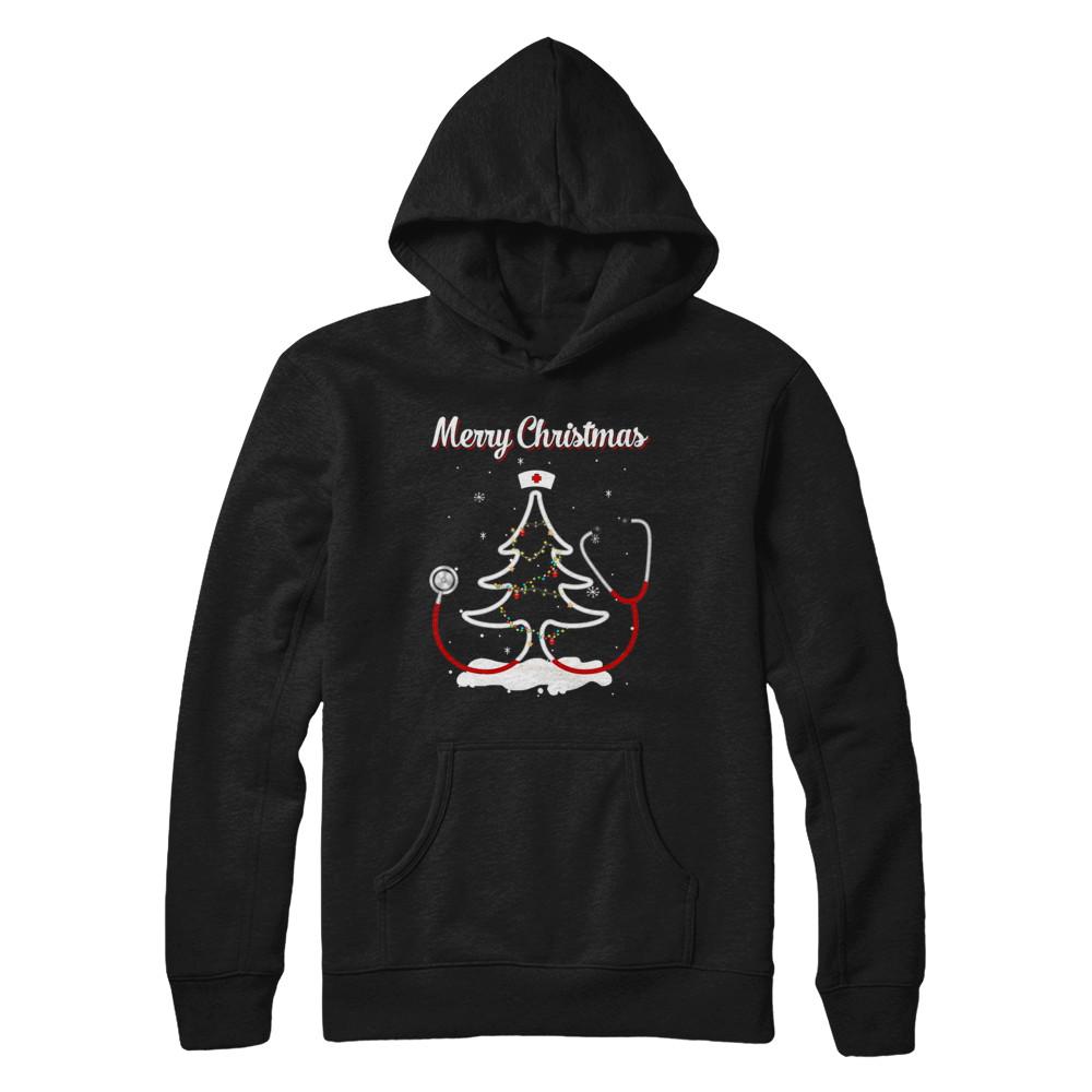 Merry Christmas Stethoscope Nurse Christmas Tree Xmas-T-Shirt & Sweatshirt-Pullover Hoodie-Black