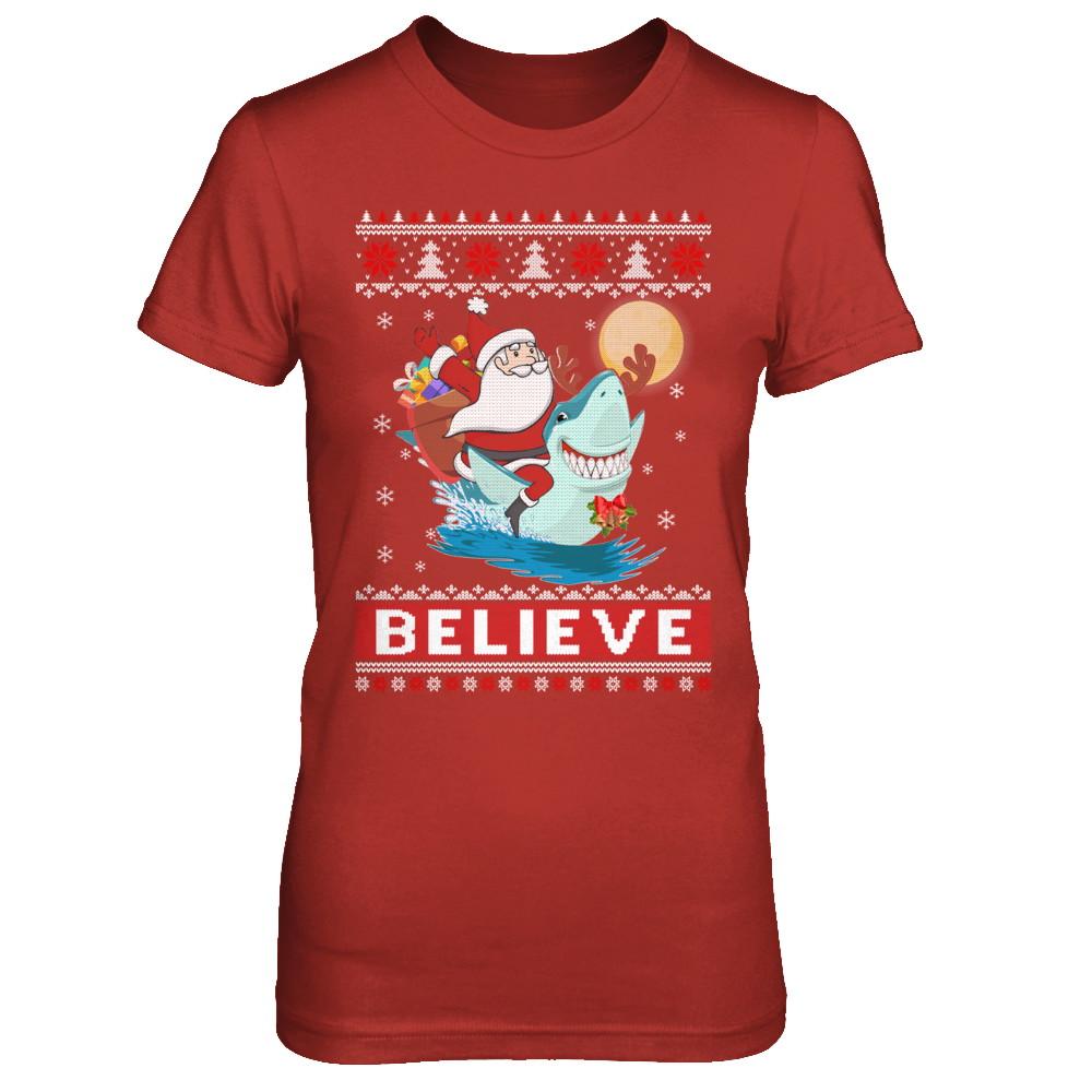 Believe In Santa Riding Shark Ugly Christmas Sweater-T-Shirt & Sweatshirt-Women's T-Shirt-Red