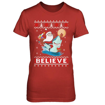 Believe In Santa Riding Shark Ugly Christmas Sweater-T-Shirt & Sweatshirt-Women's T-Shirt-Red