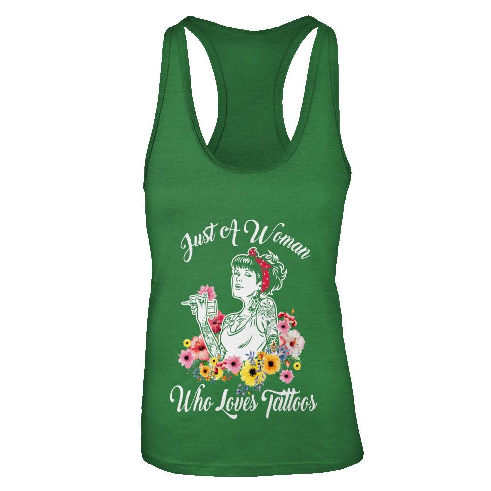Just A Woman Who Loves Tattoos-T-Shirt & Tank Top-Women's Ideal Racerback Tank-Kelly Green