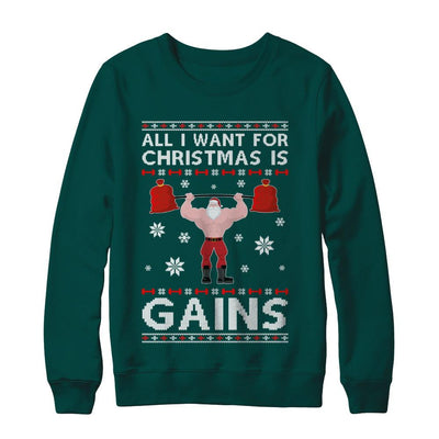 All I Want For Christmas Is Gains Fitness Gym Ugly Sweater-T-Shirt & Sweatshirt-Crewneck Sweatshirt-Deep Forest