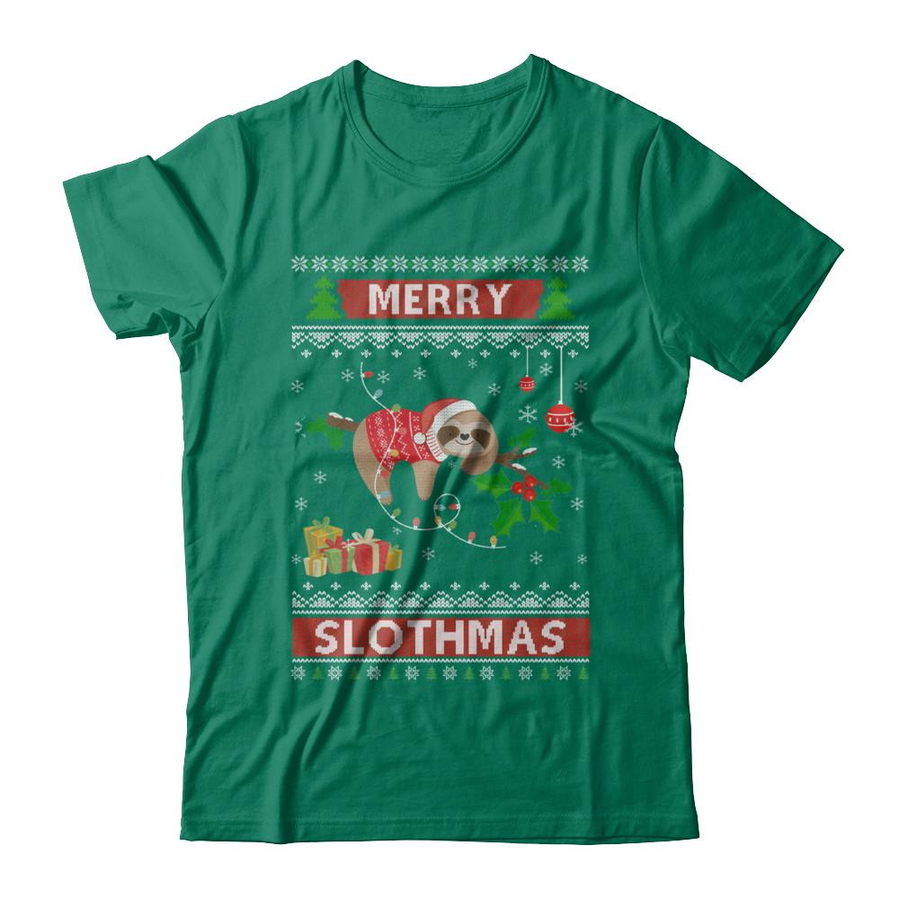 Merry Slothmas Funny Sloth Ugly Christmas Sweater-T-Shirt & Sweatshirt-Classic T-Shirt-Kelly Green