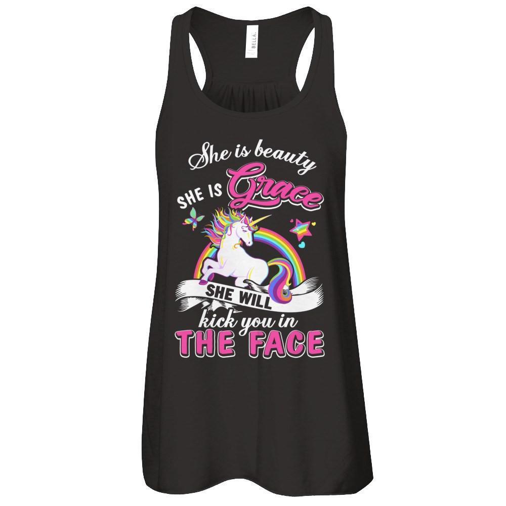 She Is Beauty She Is Grace She'll Kick You In The Face-T-Shirt & Tank Top-Women's Flowy Racerback Tank-Black