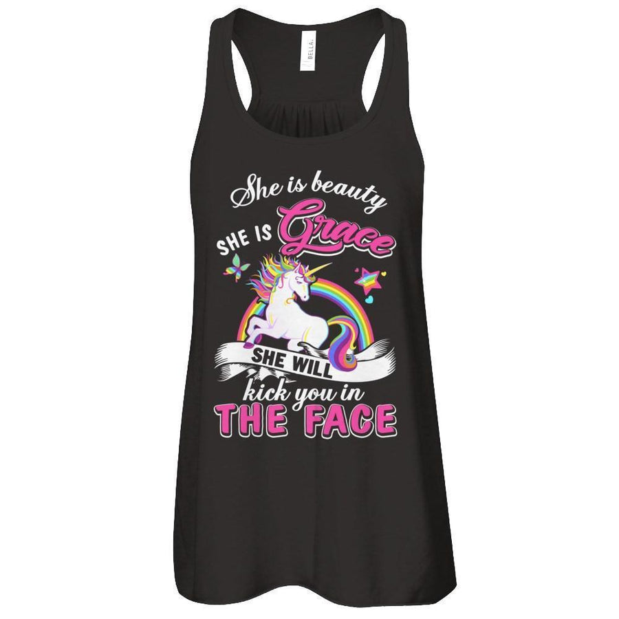 She Is Beauty She Is Grace She'll Kick You In The Face-T-Shirt & Tank Top-Women's Flowy Racerback Tank-Black