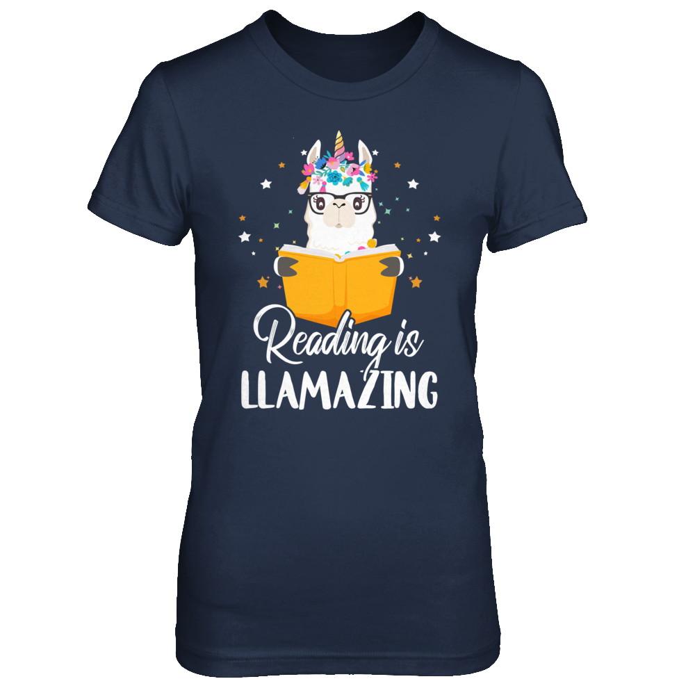 Reading Is Llamazing Llama Reading Book Lover-T-Shirt & Hoodie-Women's T-Shirt-Navy