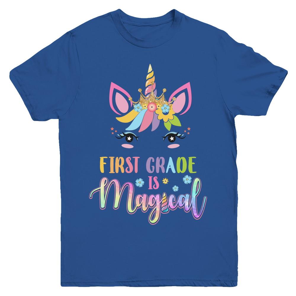First Grade Is Magical Unicorn Back To School 1st Grade Youth-Youth Shirt-Youth T-Shirt-Royal