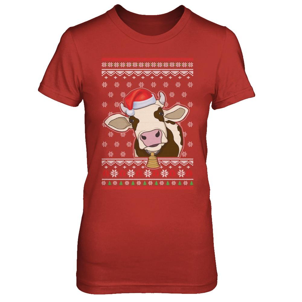 Pajamas Cow With Santa Hat Ugly Christmas Sweater-T-Shirt & Sweatshirt-Women's T-Shirt-Red