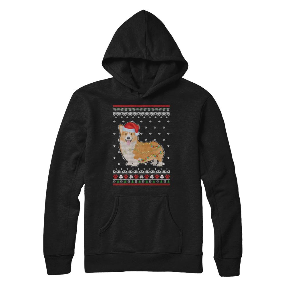Corgi Christmas Ugly Sweater Lights Dog Xmas Gift-T-Shirt & Sweatshirt-Pullover Hoodie-Black