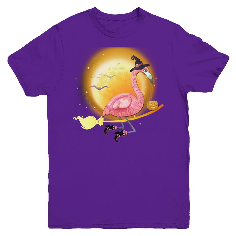 Funny Halloween Flamingo Witch Broom Scary Youth-Youth Shirt-Youth T-Shirt-Purple