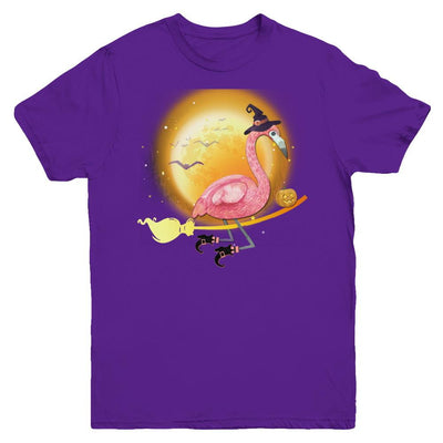 Funny Halloween Flamingo Witch Broom Scary Youth-Youth Shirt-Youth T-Shirt-Purple