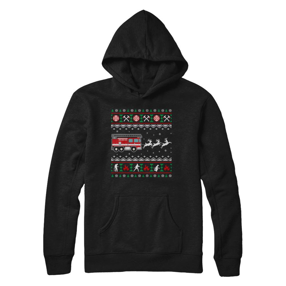 Merry Christmas Firefighter Fireman Ugly Sweater Gift-T-Shirt & Sweatshirt-Pullover Hoodie-Black