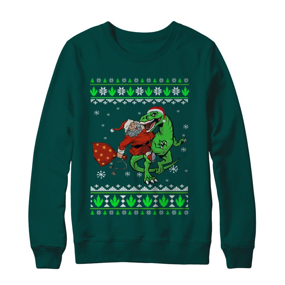 Santa Riding Dinosaur T-Rex Ugly Christmas Sweater-T-Shirt & Sweatshirt-Crewneck Sweatshirt-Deep Forest