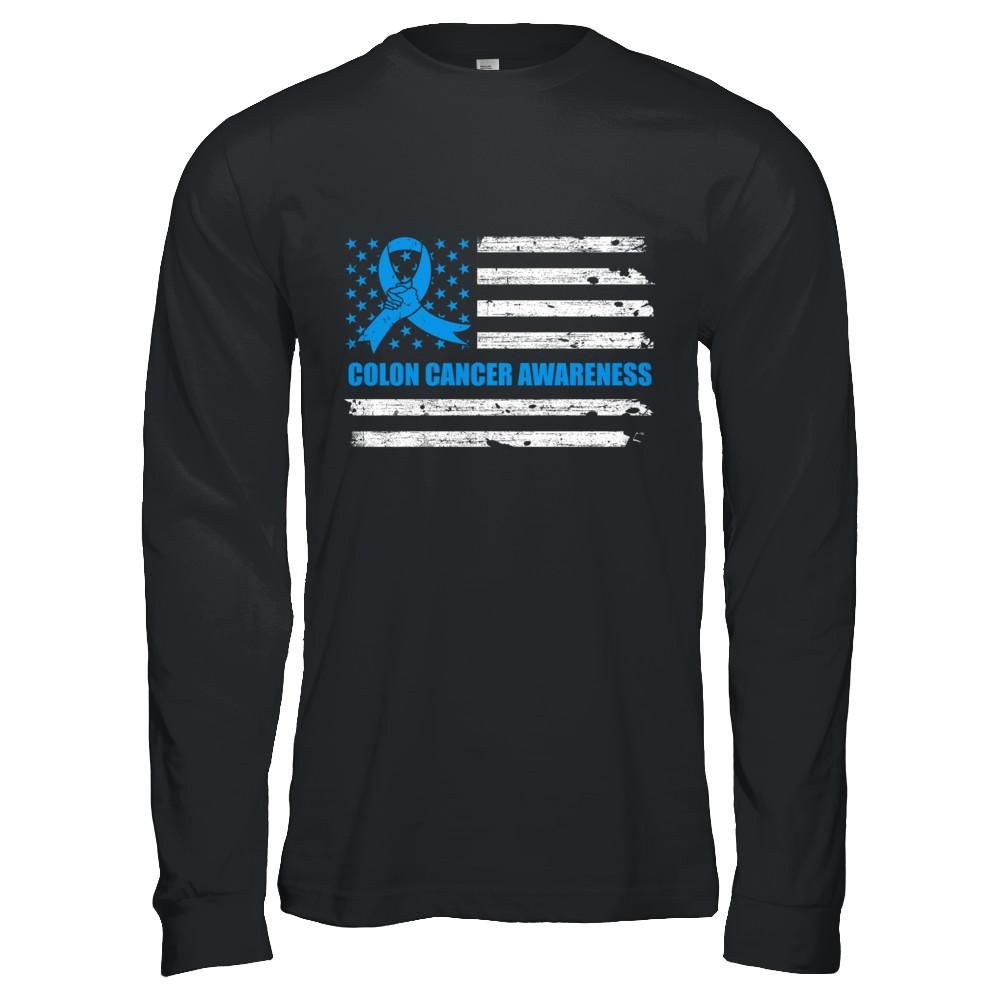 Blue Ribbon Colon Cancer Awareness US Flag-T-Shirt & Hoodie-Long Sleeve T-Shirt-Black